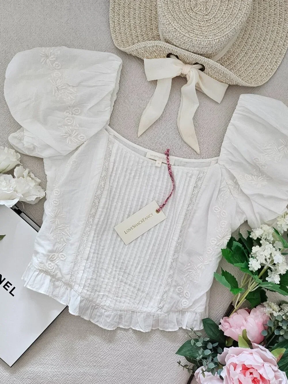 LoveShackFancy Breonna Top White Embroidered Puff Sleeve Blouse NWT Size 10